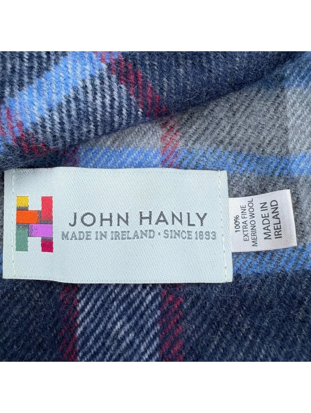 John Hanley Blue Burgundy Plaid Made in Ireland Extra Fine Merino Wool Scarf